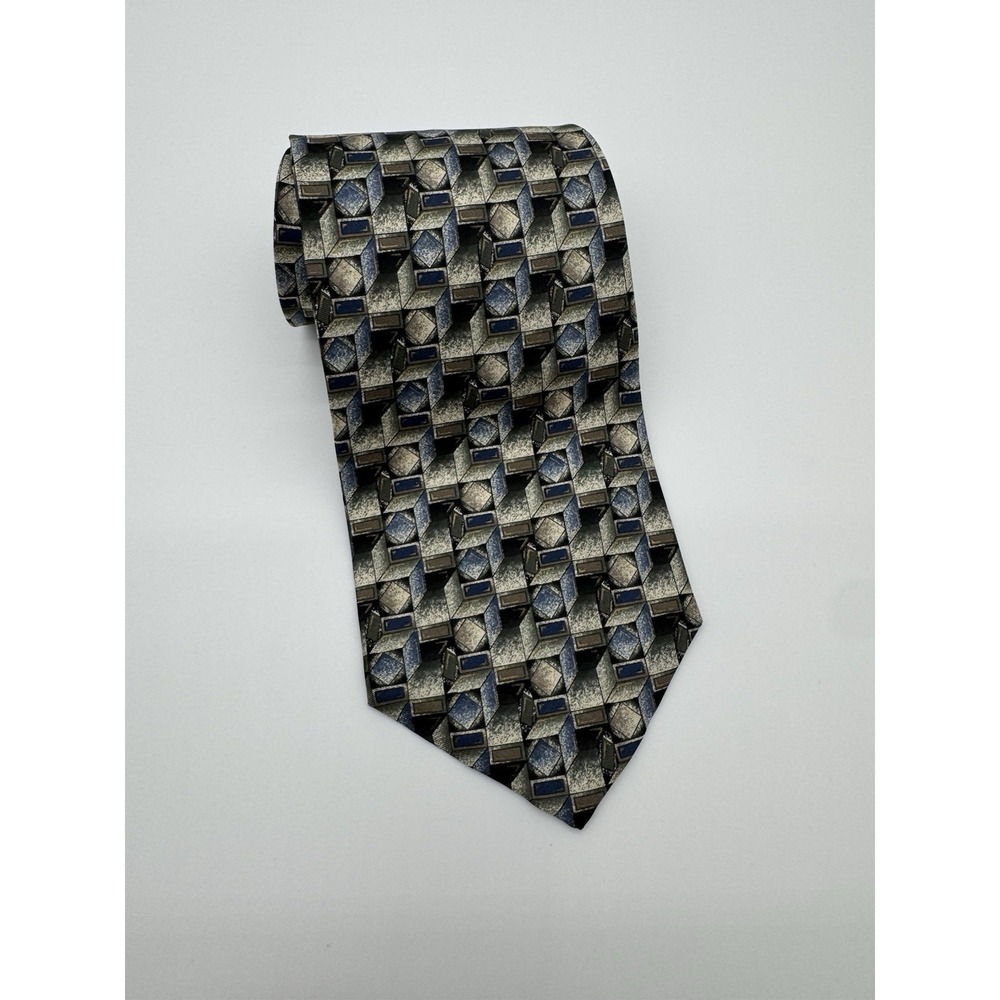 Barrington 100% Silk Tie Geometric Cube Pattern Blue Gray Brown Classic Mens Tie